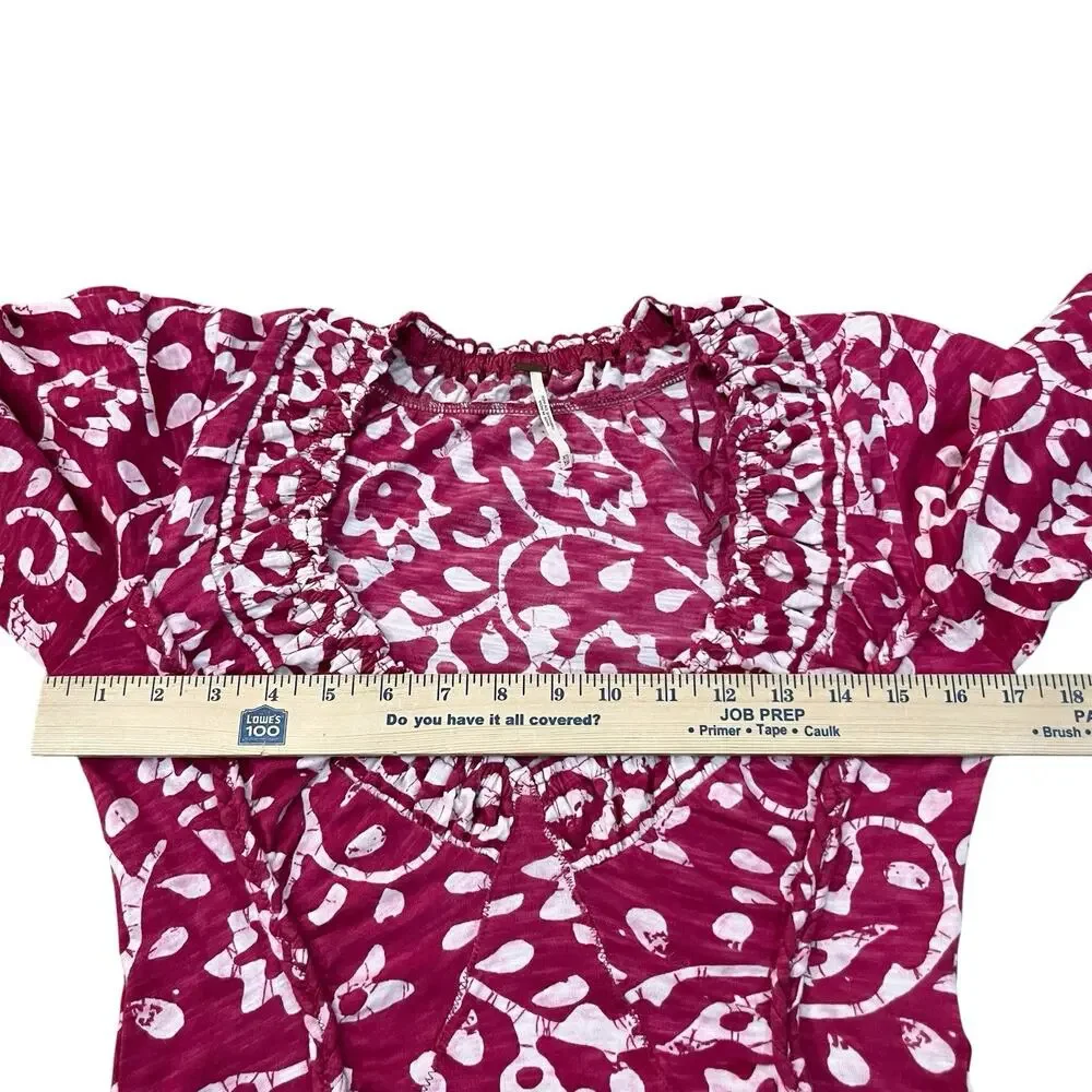 Free People On The Block Batik Print Top XS Bell Sleeve Cropped Boho Berry Combo